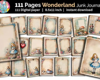 Vintage Alice In Wonderland Junk Journal | Scrapbooking, Mixed Media Art | Alice Adventures Watercolor Paper Grunge Ephemera | Digital file