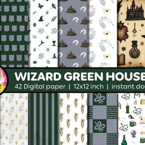 Papier numérique Magic School Wizard House VERT | Journal des ordures ménagères Scrapbooking | Motif de sorcière et de sorcier magique | Fichier numérique