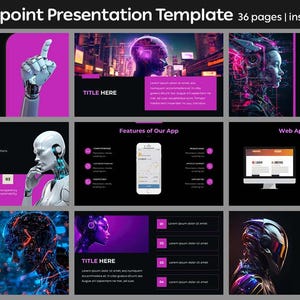 May include: A PowerPoint presentation template with 36 pages. The template features a futuristic theme with images of robots and neon lights. The title slide has a pink background with a robot hand pointing upwards. The text "Powerpoint Presentation Template" is in a white font. The text "36 pages | instant download" is in a smaller white font.