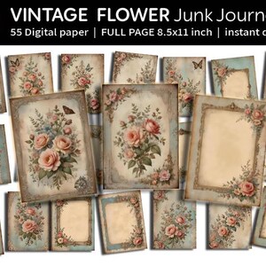 Shabby Chic Vintage floral Junk Journal frame | Vintage Pink Roses Mixed Media Art | Shabby Chic Grunge Floral Paper Ephemera | Digital file