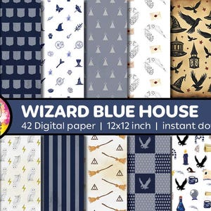 Papier numérique Magic School Wizard BLUE House | Journal des ordures ménagères Scrapbooking | Motif de sorcière et de sorcier magique | Fichier numérique