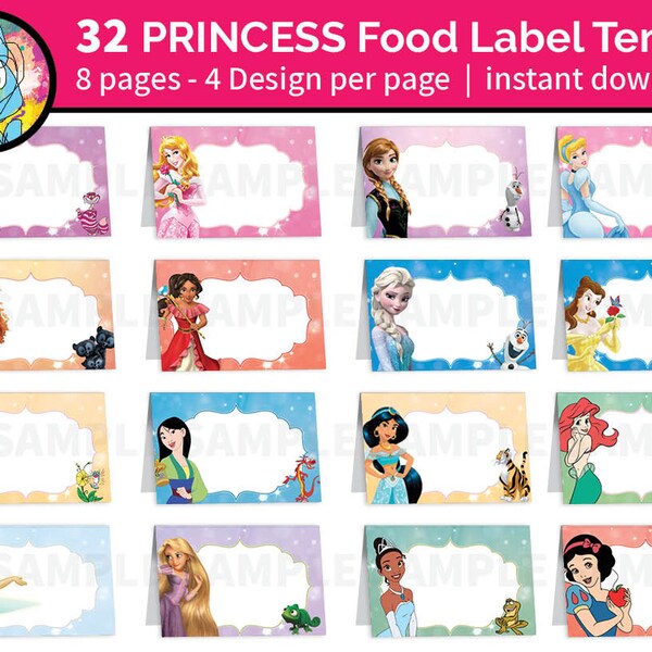 Princess Food label Tent  printable | Food Cards Disney party Frozen Cinderella Tiana Belle Tangled Ariel Mulan | Princesses birthday