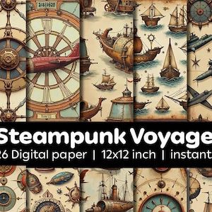 26 Steampank Voyager デジタル ペーパー | Steampunk 旅行者の背景 | Steampank グランジ 印刷可能なビンテージ パターン テクスチャ | 即時ダウンロード