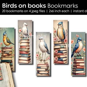 DIY Printable Quirky birds on book Bookmark Sheets | Whimsical birds Mixed Media Digital Bookmarks |  | Cute Animals | Instant download