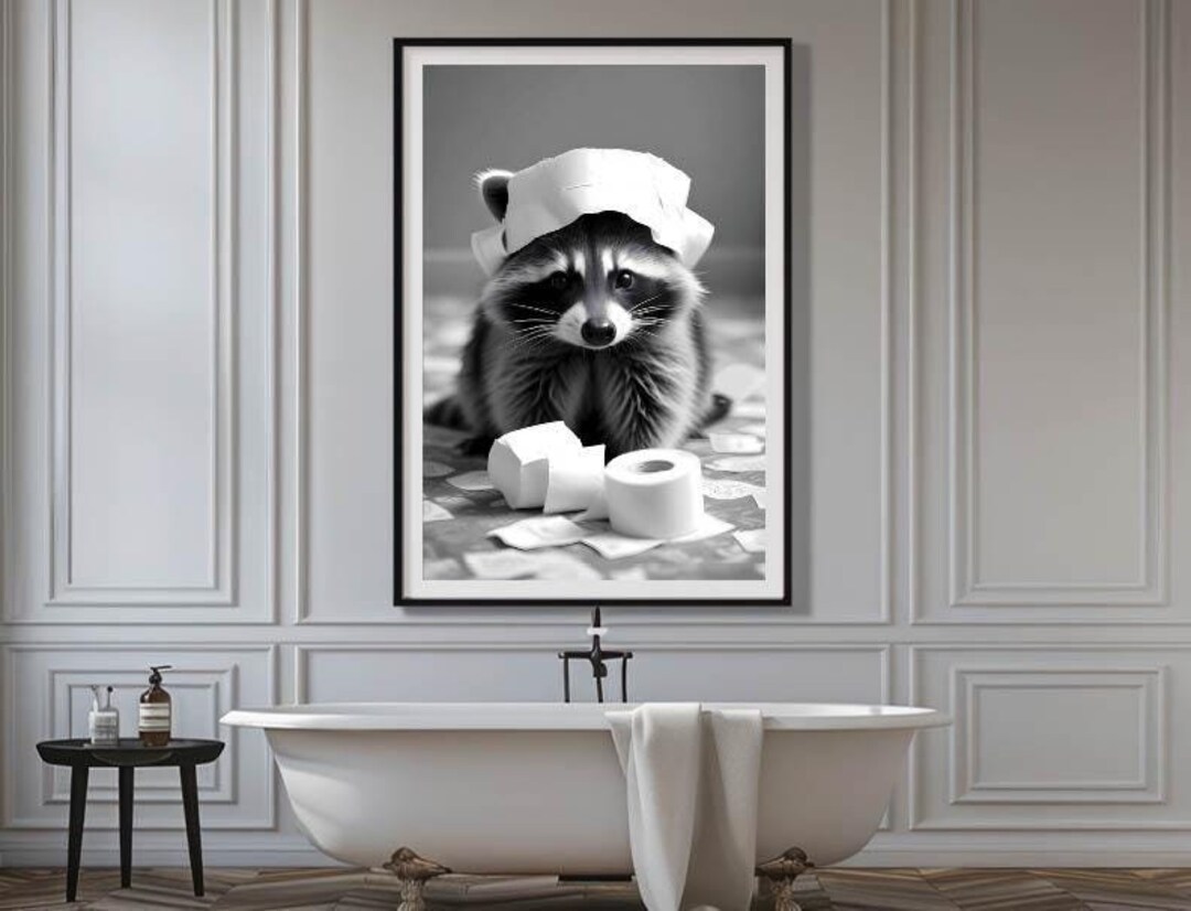 Raccoon With Toilet Paper Roll on Head Wall Art Funny Poster | Bathroom ...