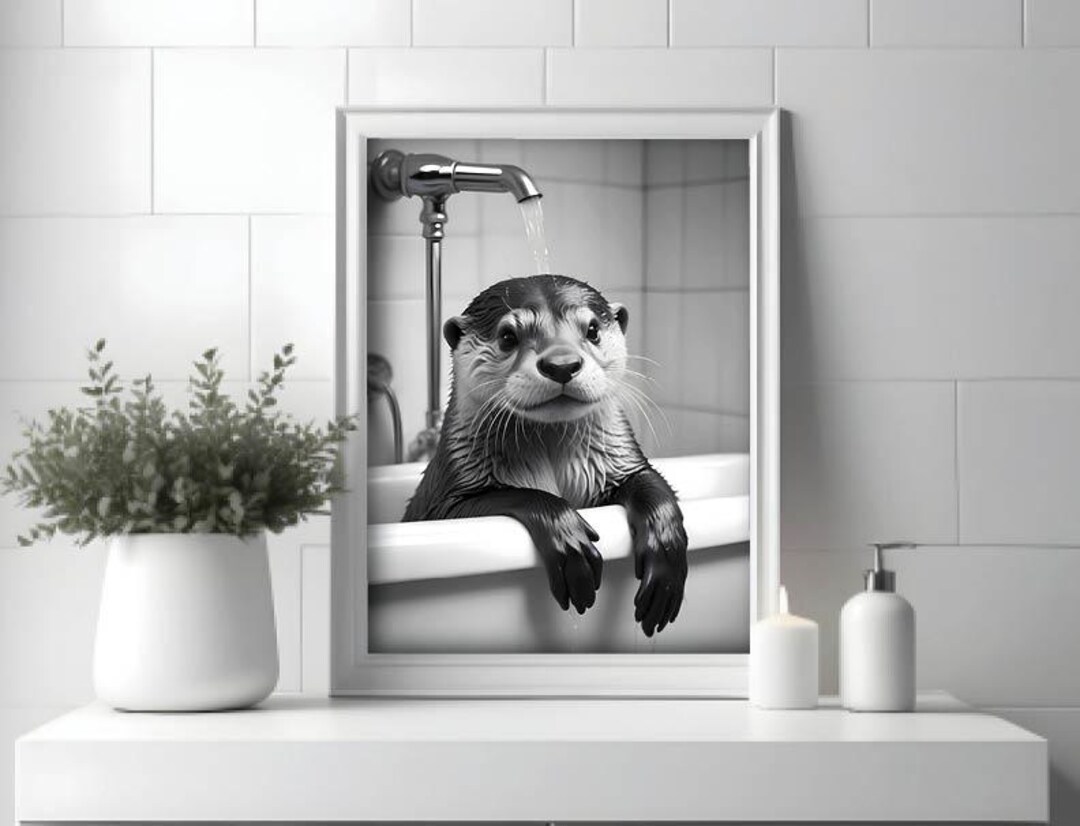 Otter in Bathtub Wall Art Funny Poster | Funny Art Bathroom Otter ...