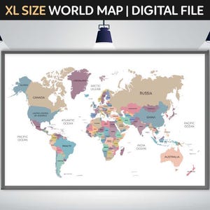 Wereldkaart | Kaart van de wereld Extra grote posterkunst aan de muur | Bohokleuren Wereldkaart Poster reizen | Gedetailleerde reiswereldkaart | Digitale download
