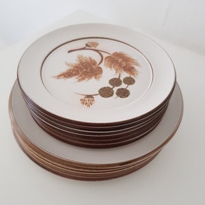 May include: A stack of white ceramic plates with a brown rim and a brown fern design. The plates are stacked on top of each other.