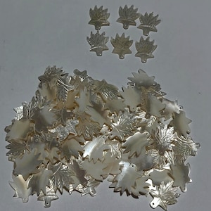 May include: A large collection of iridescent white mother-of-pearl shell charms shaped like maple leaves. Each charm features a detailed carved leaf vein pattern and a small hole at the base for attachment, displaying a natural pearlescent sheen.