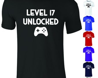 New Unisex Kids Boys Level 17 Unlocked Gaming Gamer T-Shirt Top 3-15 Yrs