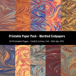Op de afbeelding: Tien afdrukbare gemarmerde schutbladen met diverse wervelende patronen in blauw, oranje, rood en goud. De tekst "Printable Paper Pack - Marbled Endpapers" is zichtbaar. Elke pagina is A4-formaat (ongeveer 21 x 29,7 cm).