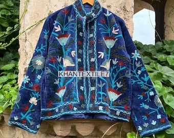 Velvet Suzani Embroidered Jacket: Floral Boho Indian Coat