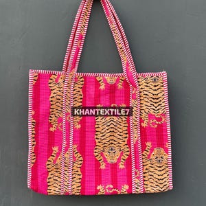 Indische Boho Gesteppte Umhängetasche, gesteppte Einkaufstasche, bedruckte Einkaufstasche, bunte Rückgabegeschenktasche, Tigerdruck Große Baumwollreisetasche