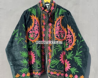 Handmade Velvet Suzani Embroidered Jacket, Reversible Boho Coat