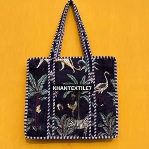 Neue dunkelschwarze Reißverschluss-Art-Einkaufstasche handgemachte Baumwollblock-Druck-Einkaufstasche Große gesteppte Einkaufstasche, Blumenmarkt Gelegentlich Geschenktasche