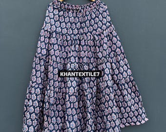 Saia longa de algodão com estampa de blocos, vestido longo floral boho