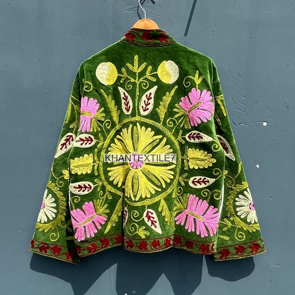Bohemian Suzani Embroidered Velvet Jacket: Handmade Open Stitch Coat