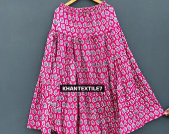 Saia longa de algodão com estampa floral, vestido longo boho com estampa de blocos