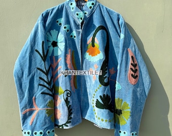 Handmade Velvet Suzani Embroidered Jacket, Reversible Bohemian Coat