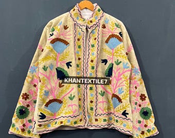 Indian Suzani Velvet Jacket, Embroidered Boho Coat, Kimono Robe