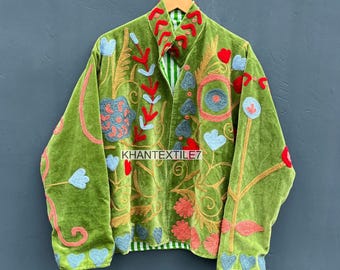 Handmade Green Velvet Suzani Jacket: Embroidered Boho Short Coat