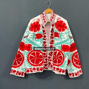 Indian Suzani Cotton Winter Jacket, Kimono Robe, Suzani Hand Embroidered Unisex Bolero Short Jacket Spring Boho Crewel Special Love Gift |