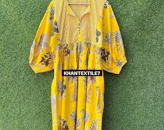 Vestido largo de algodón amarillo, estampado de rayas y flores, estilo bohemio