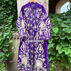 Embroidered Cotton Velvet Kimono Robe: Suzani Style Party Coat