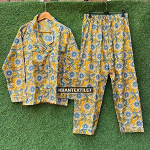 Yellow Floral Print Pajama Sets, Nightwear Set, Sleepwear Dress, Bohemian Clothing, Gifts For Her, Women Dress Indian Cotton Pyjamas Set,