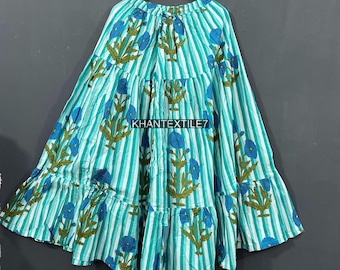 Saia longa de algodão com estampa floral e bloco de mão, vestido de praia boho