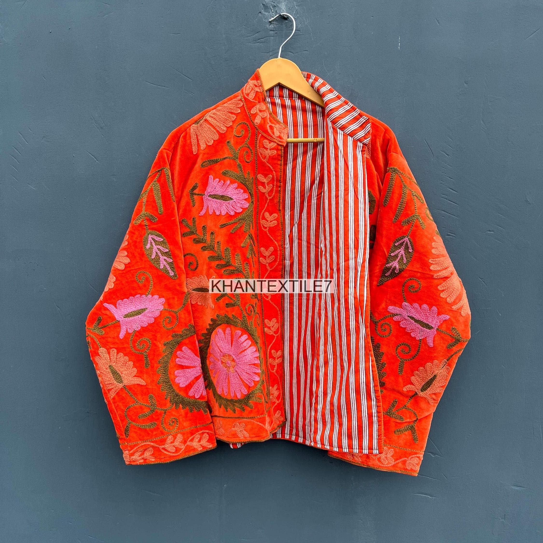 Handmade Orange Velvet Suzani Embroidered Jacket: Unisex Winter