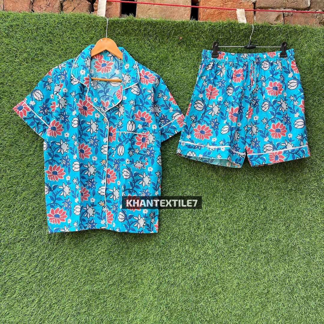 Cotton Block Print Pajama Set, Sky Blue Floral Nightwear - Etsy