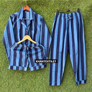 Cotton Blue Stripe Pajama Set, Handmade Women&#39;s PJs, 3-Piece Shorts & Trouser