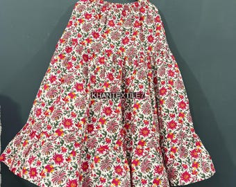 Saia longa floral de algodão, estampa serigrafada à mão, saia boho em camadas