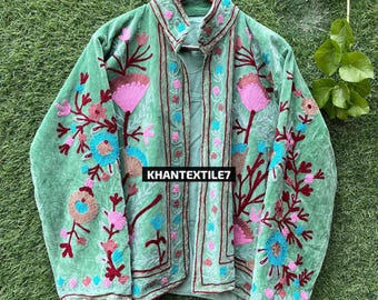 Handmade Suzani Green Velvet Embroidered Jacket, Boho Kimono Coat