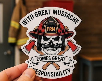 Firefighter Mustache Sticker, Fireman Skull Decal, Fire Dept Helmet Vinyl Gift for First Responder