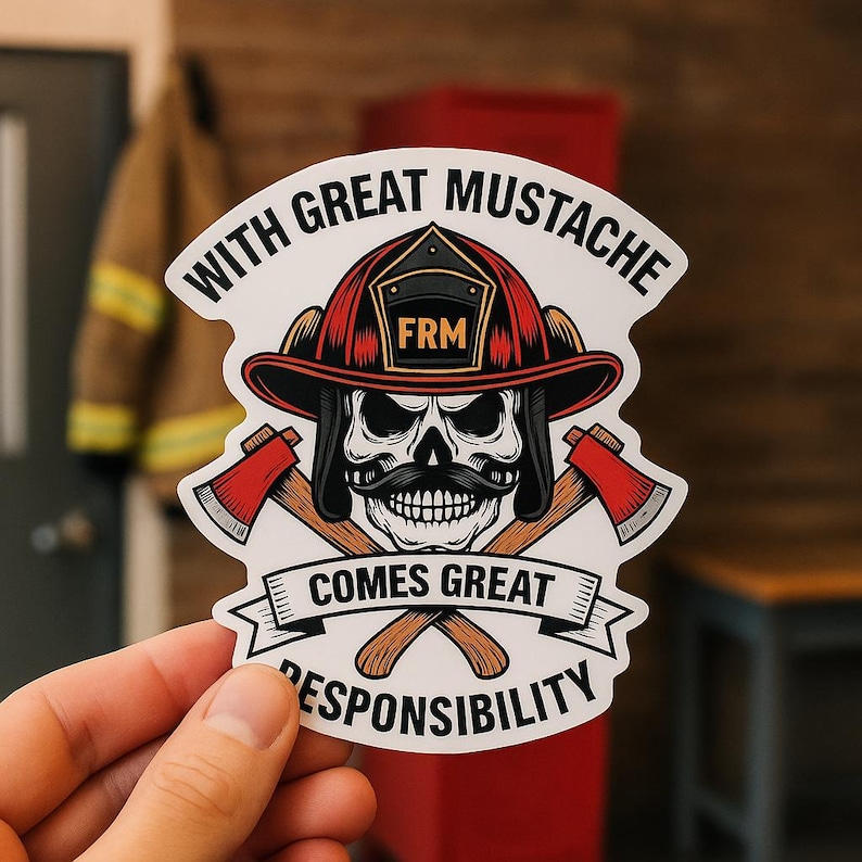 Puede incluir: Una pegatina con una calavera con bigote que lleva un casco de bombero y hachas cruzadas. La pegatina tiene el texto "WITH GREAT MUSTACHE COMES GREAT RESPONSIBILITY" en una pancarta blanca.
