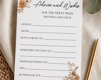 Biglietti di auguri personalizzati per gli sposi, gioco per addio al nubilato, auguri floreali in stile boho da conservare come ricordo.