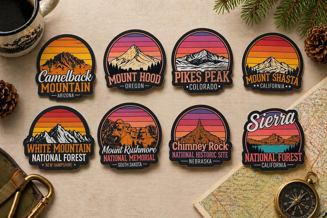 National Forest Mountain Stickers, Retro Outdoor Adventure Decals ...