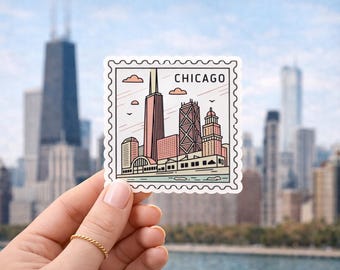 Chicago Skyline Stamp Sticker, Retro City Travel Decal