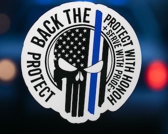 Pegatina de vinilo de la delgada línea azul: calavera, bandera estadounidense y apoyo policial