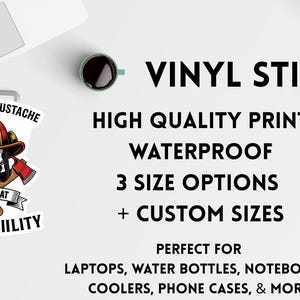 Puede incluir: Pegatinas de vinilo con un dise&ntilde;o de calavera de bombero, hachas y el texto "With great mustache comes great responsibility." Pegatinas impermeables disponibles en varios tama&ntilde;os. Perfectas para port&aacute;tiles, botellas de agua y m&aacute;s.