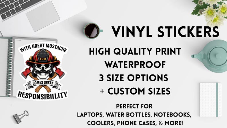 Puede incluir: Pegatinas de vinilo con un dise&ntilde;o de calavera de bombero, hachas y el texto "With great mustache comes great responsibility." Pegatinas impermeables disponibles en varios tama&ntilde;os. Perfectas para port&aacute;tiles, botellas de agua y m&aacute;s.