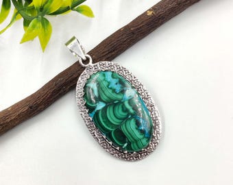 Natural Aruzite malachite Cabochon Sterling Silver Pendant: Handmade Boho Necklace For Women Jewelry