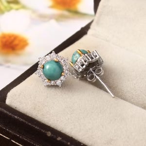 Turquoise CZ Stud Earrings | Sterling Silver Halo Earrings | Gold Plated Boho Jewelry | Minimalist Gift for Her | Dainty Crystal Studs