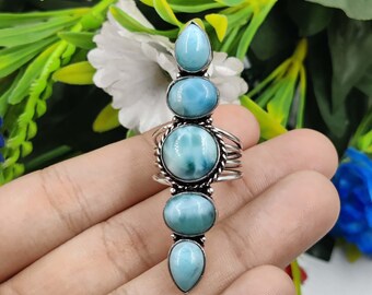 Anello fatto a mano in argento sterling 925 con cinque pietre di larimar, fascia boho
