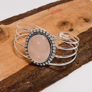 Rose Quartz Gemstone Bangle-925 Sterling Silver Bangle-Vintage Handmade Bangle-Adjustable Bangle-Designer Natural Gemstone Bangle For Gifts