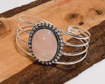 Rose Quartz Sterling Silver Bangle: Vintage Adjustable Gemstone Cuff