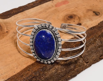 Lapis Lazuli Sterling Silver Bangle: Vintage Bohemian Cuff Bracelet
