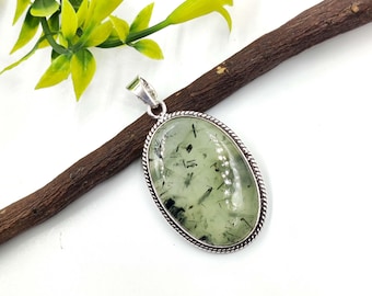 Natural prehnite Cabochon Sterling Silver Pendant: Handmade Boho Necklace For Women Jewelry